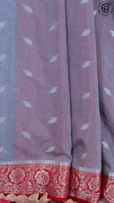 Grey and Red Silver Zari Weaved Leaf Butta Kora Organza Saree
